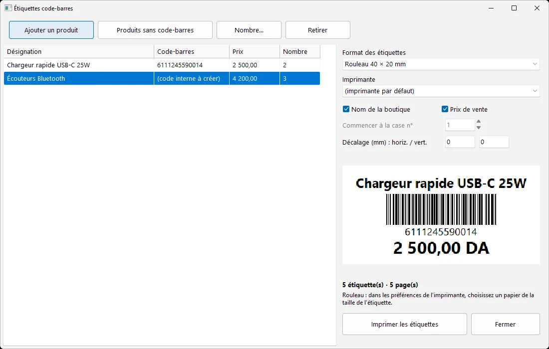 Impression d’étiquettes code-barres dans GsmSolution